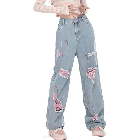 Women’s Denim Wide Leg Ripped Pink Jeans Casual Y2K Goth Vintage